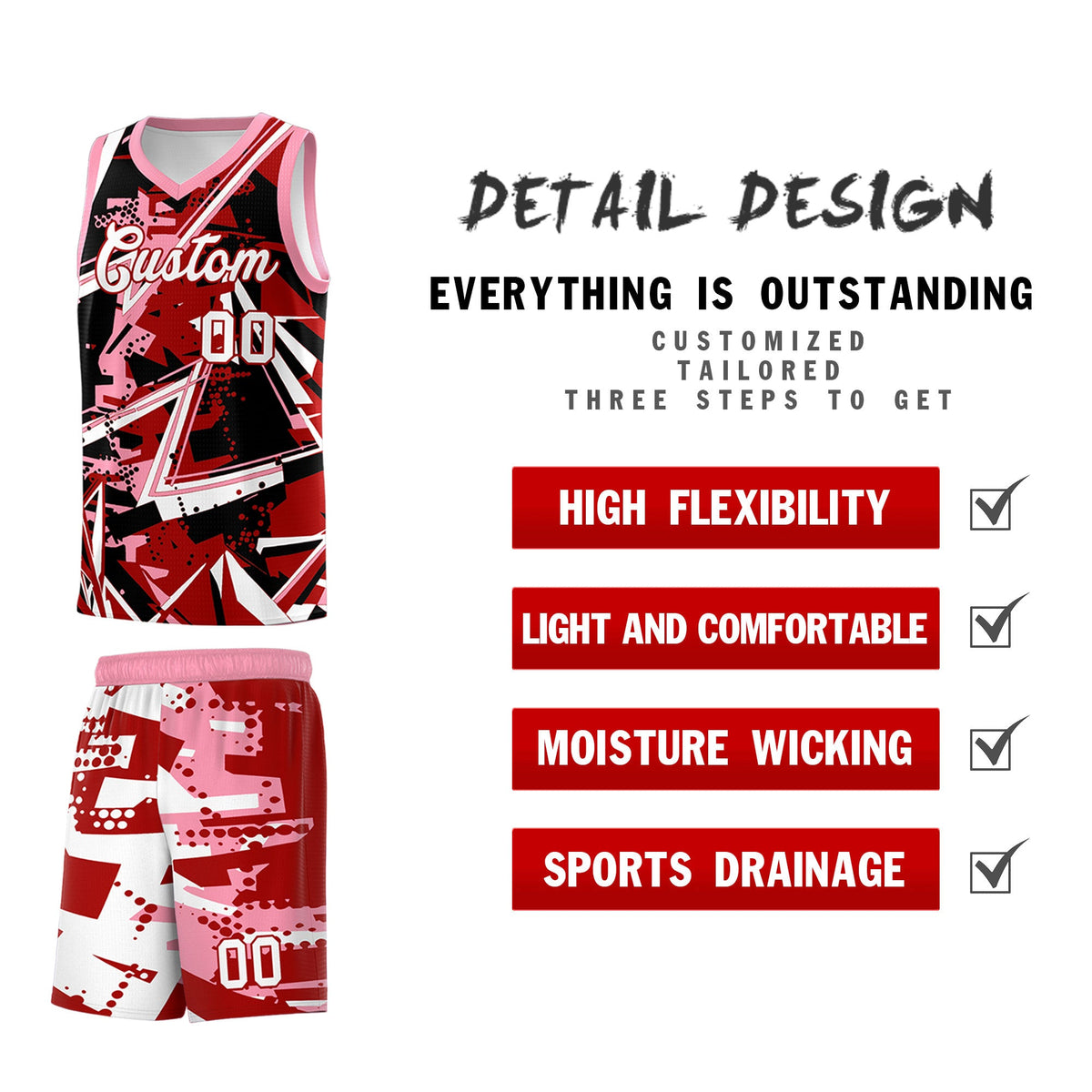 Custom Youth Basketball Jerseys Red Light Pink Abstract Graffiti Personalized Street Style Uniform