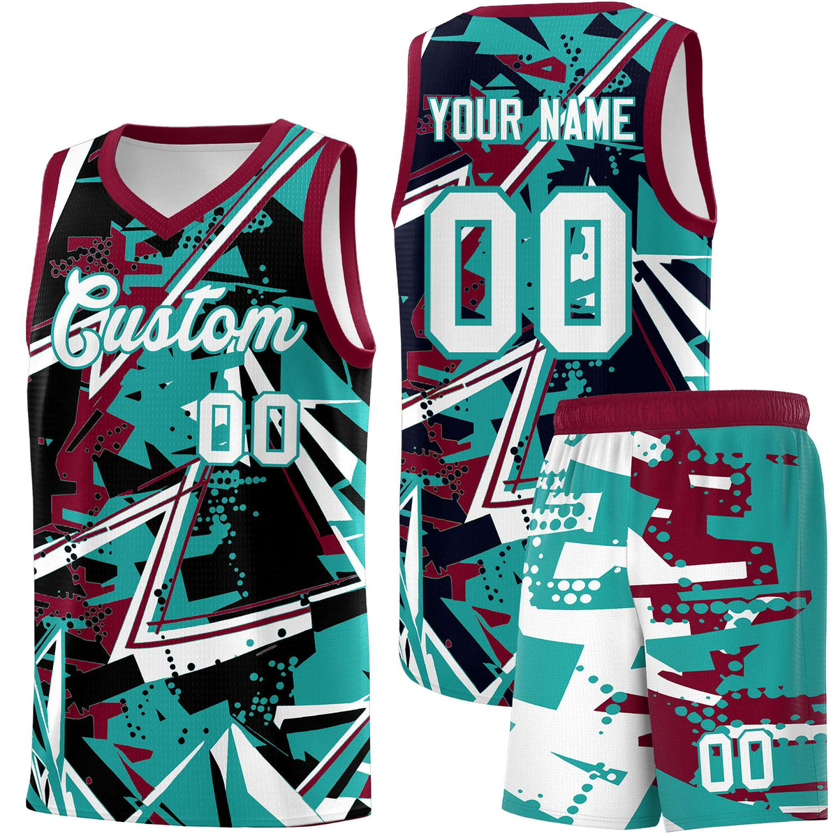 Custom Youth Basketball Jerseys Teal Crimson Abstract Graffiti Personalized Team Name &amp; Number