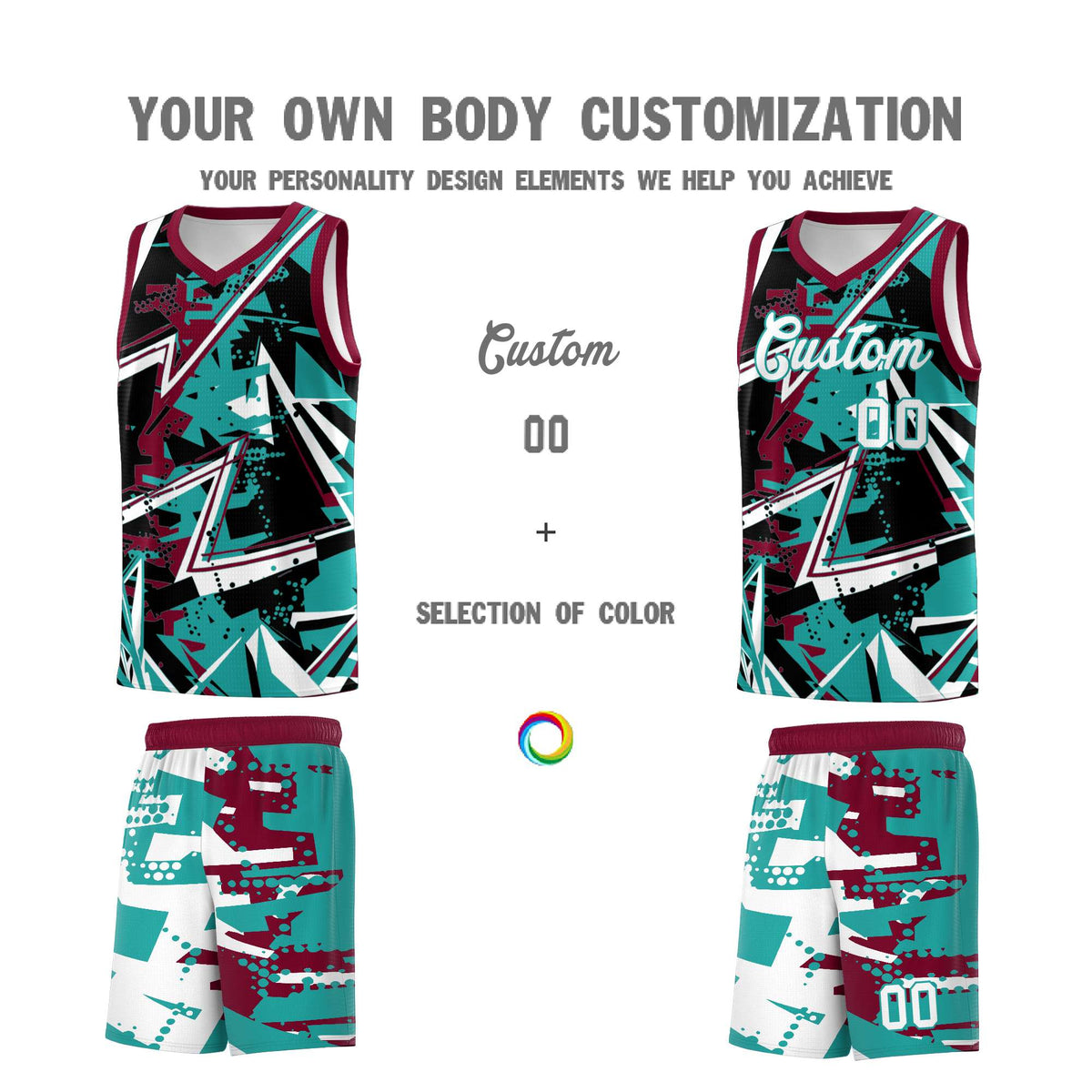 Custom Youth Basketball Jerseys Teal Crimson Abstract Graffiti Personalized Team Name &amp; Number