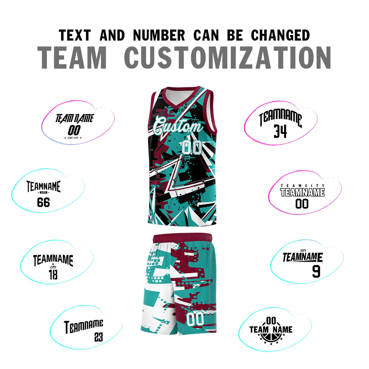 Custom Youth Basketball Jerseys Teal Crimson Abstract Graffiti Personalized Team Name &amp; Number