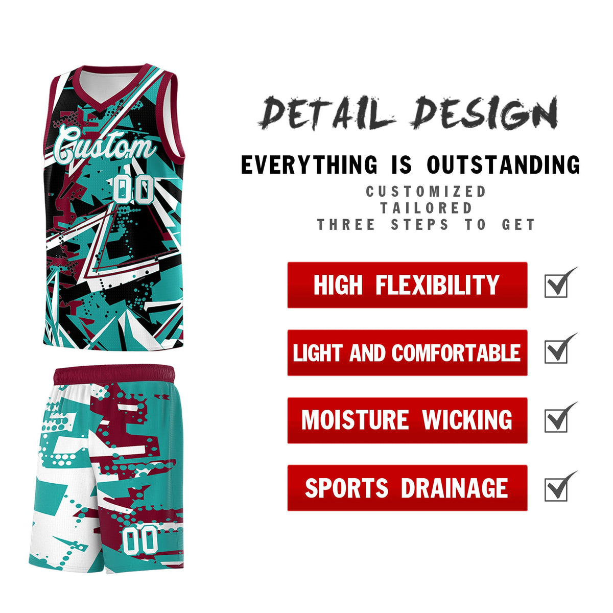 Custom Youth Basketball Jerseys Teal Crimson Abstract Graffiti Personalized Team Name &amp; Number