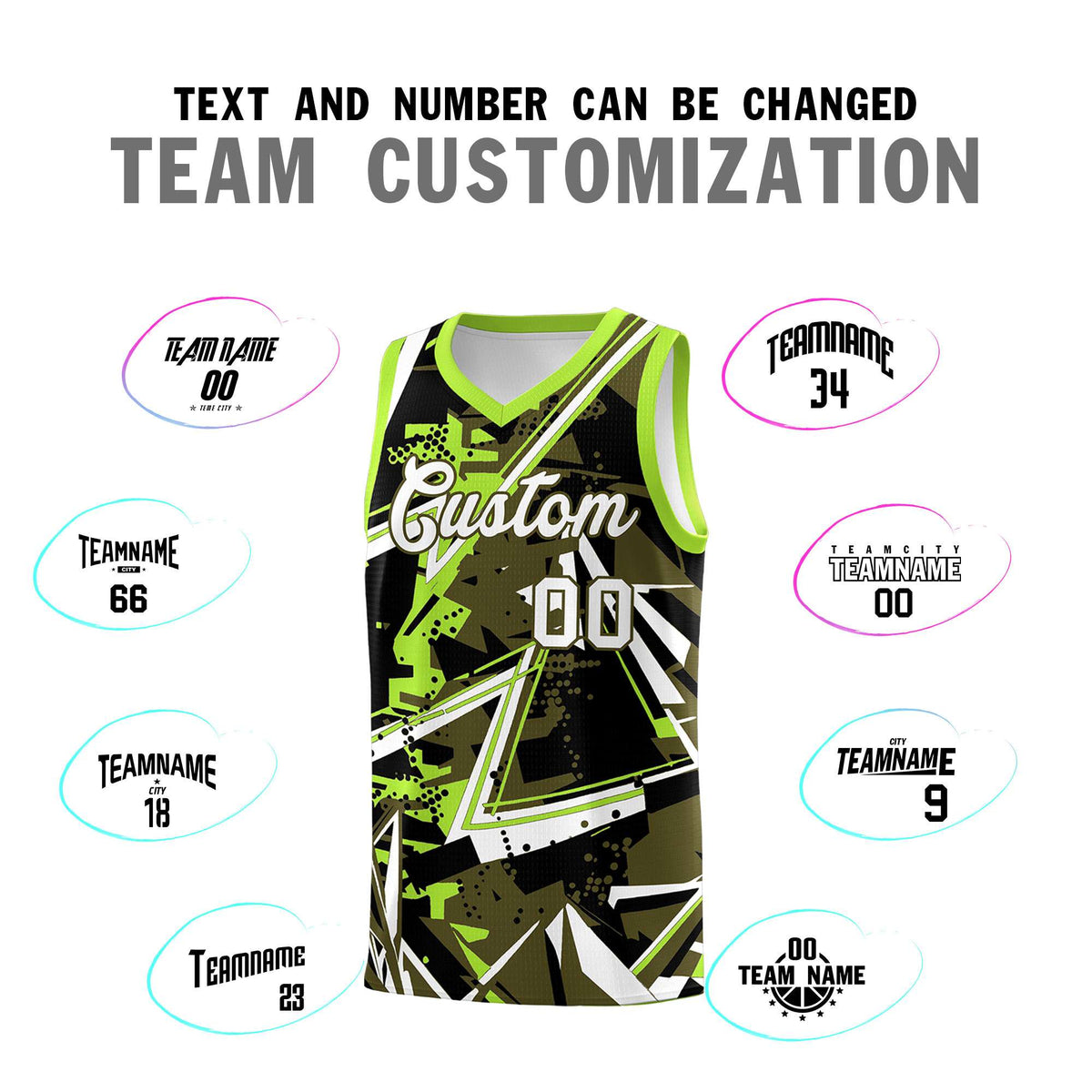 Custom Youth Basketball Jerseys Olive Neon Green Abstract Graffiti Personalized Street Style Uniform