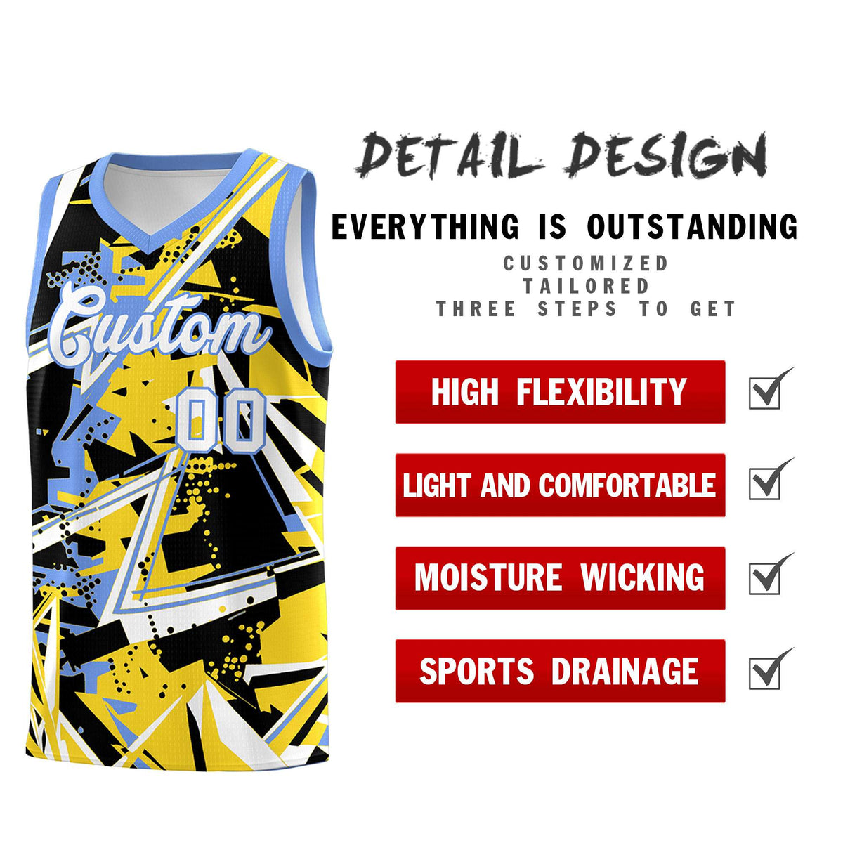 Custom Youth Basketball Jerseys Gold Light Blue Abstract Graffiti Urban Style Personalized Uniform