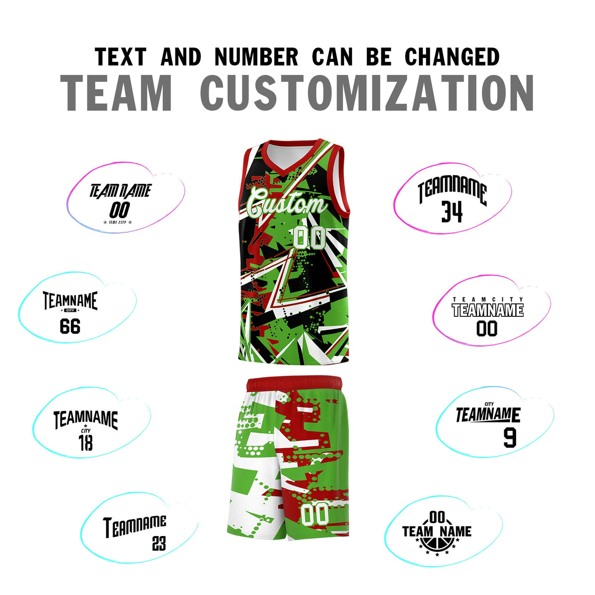 Custom Youth Basketball Jerseys Light Green Red Abstract Graffiti Urban Style Personalized Uniform