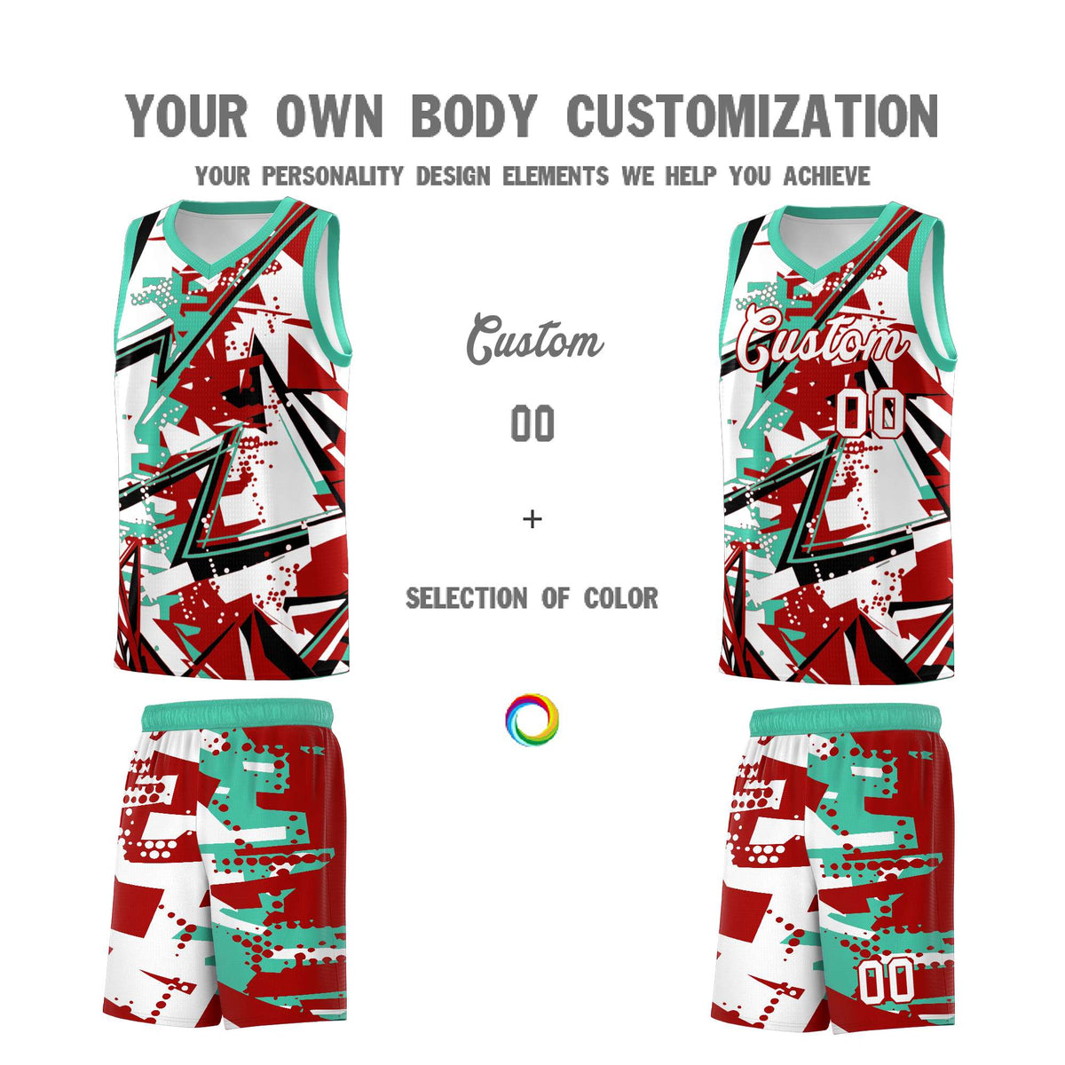 Custom Youth Basketball Jerseys Red Bright Green Abstract Graffiti Personalized Team Name &amp; Number