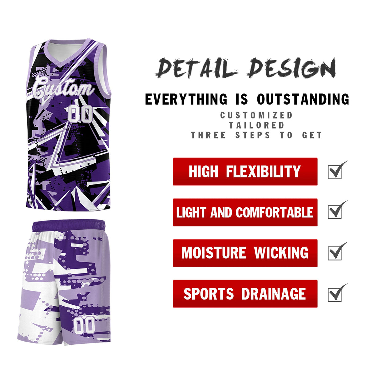 Custom Youth Basketball Jerseys Purple Light Purple Abstract Graffiti Urban Style Personalized Uniform