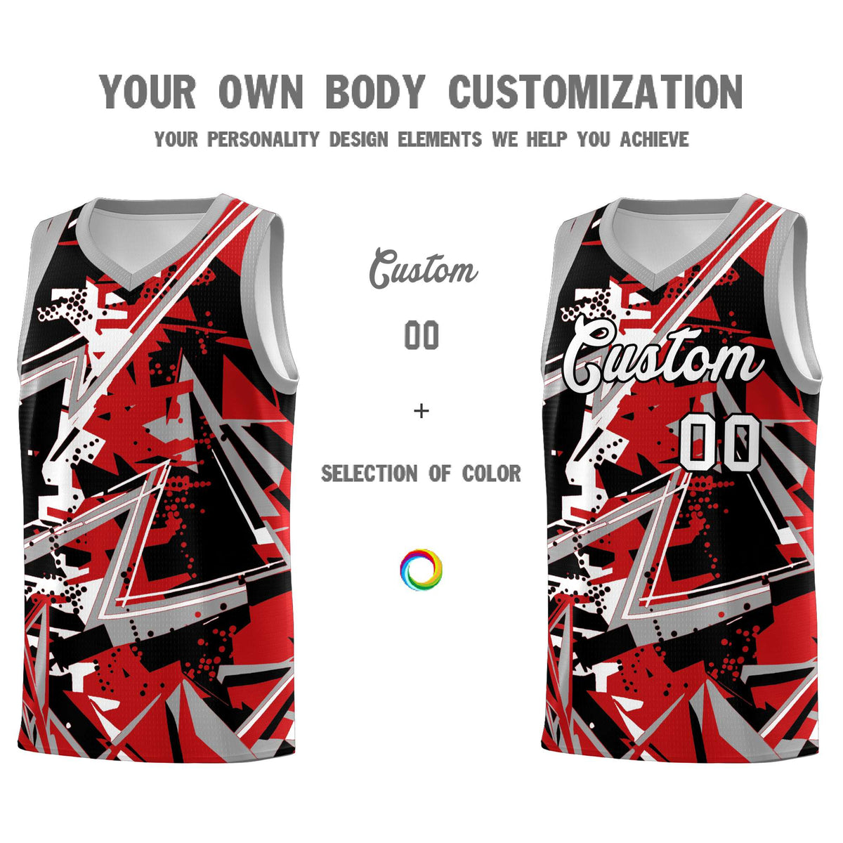 Custom Youth Basketball Jerseys Red Gray Abstract Graffiti Personalized Team Name &amp; Number
