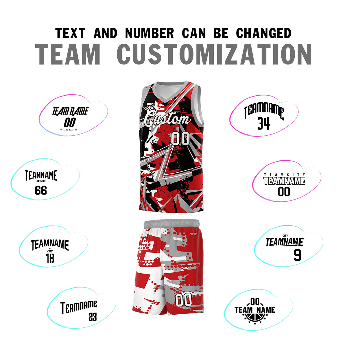 Custom Youth Basketball Jerseys Red Gray Abstract Graffiti Personalized Team Name &amp; Number