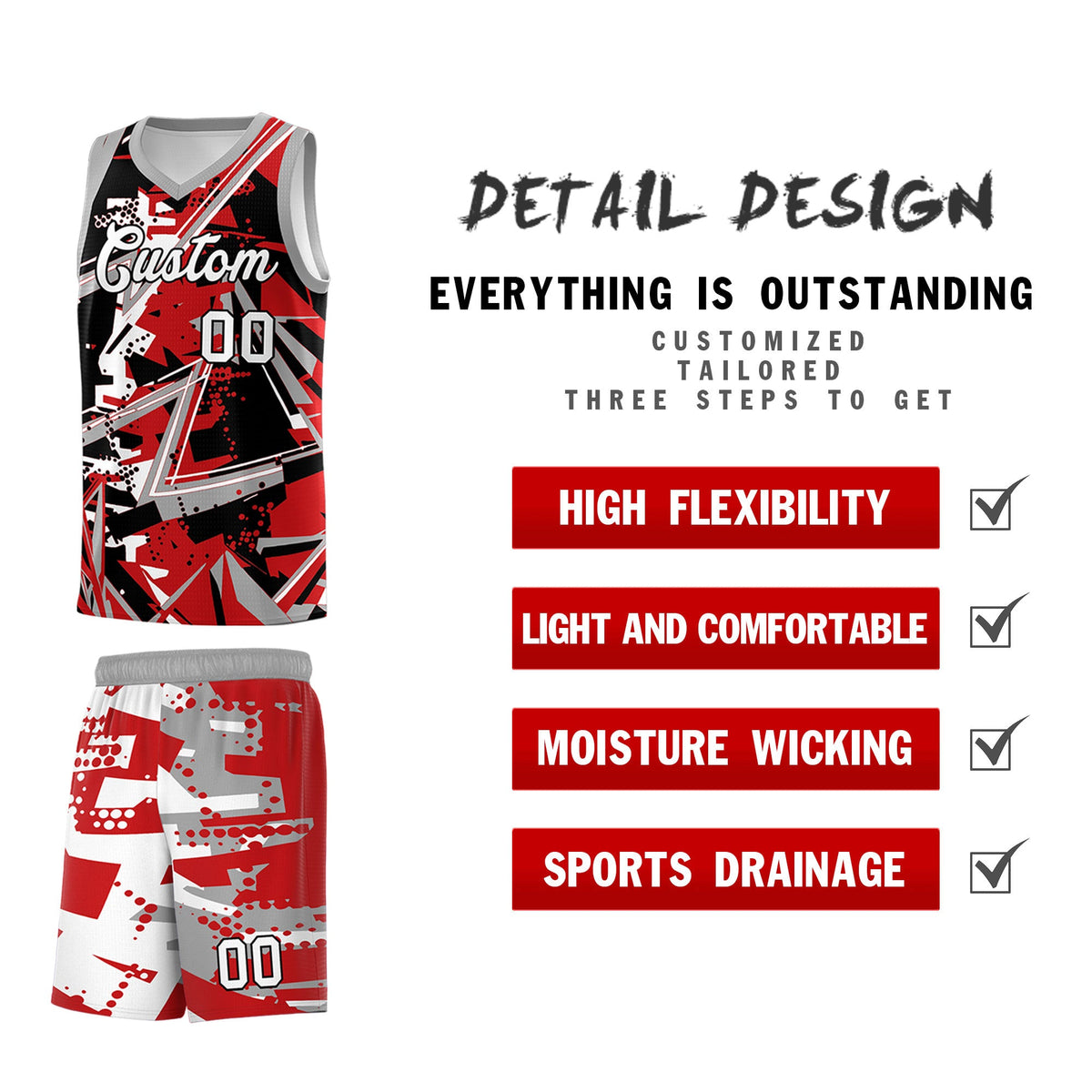 Custom Youth Basketball Jerseys Red Gray Abstract Graffiti Personalized Team Name &amp; Number