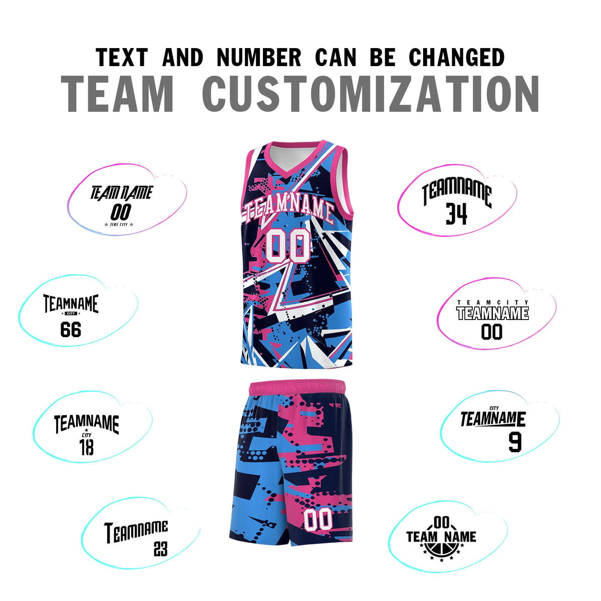 Custom Youth Basketball Jerseys Light Blue Pink Abstract Graffiti Personalized Street Style Uniform