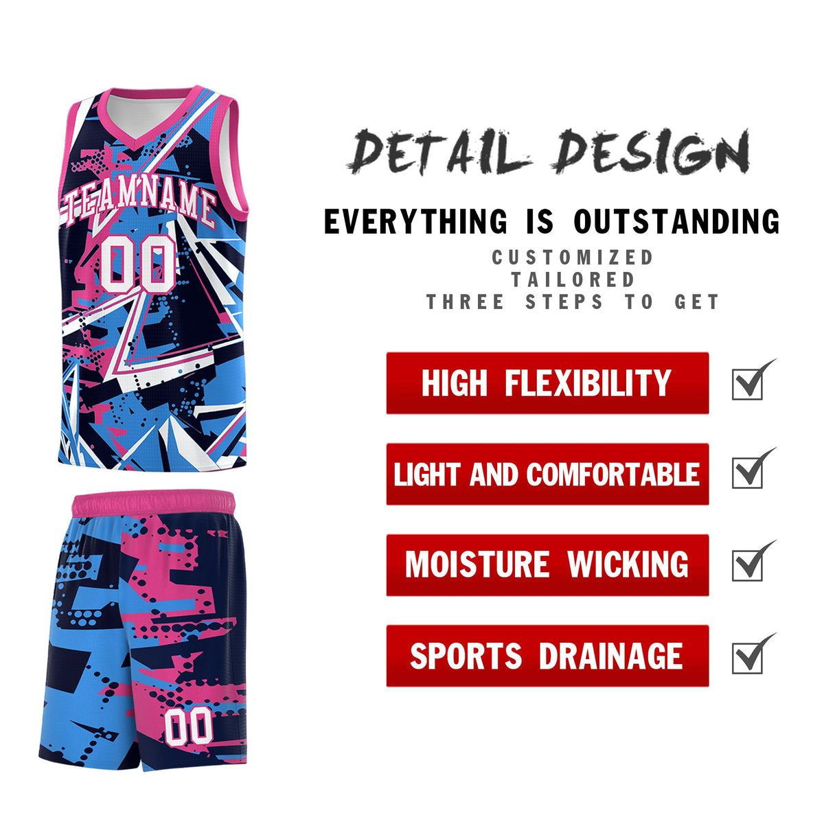 Custom Youth Basketball Jerseys Light Blue Pink Abstract Graffiti Personalized Street Style Uniform