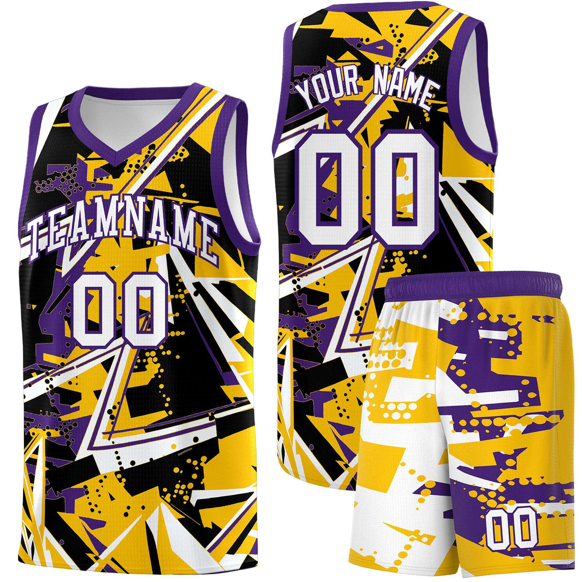 Custom Youth Basketball Jerseys Yellow Purple Abstract Graffiti Personalized Team Name &amp; Number