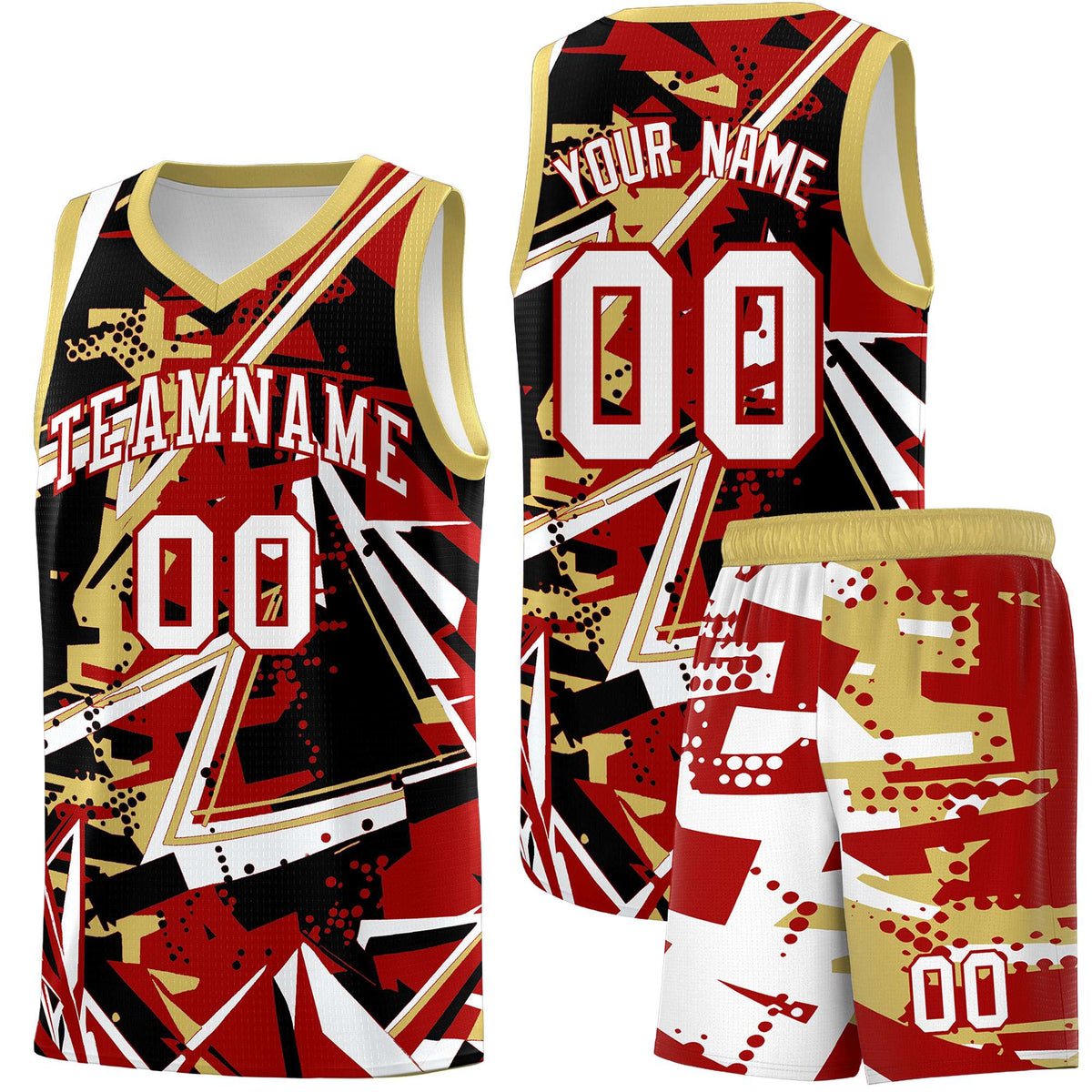 Custom Youth Basketball Jerseys Red Old Gold Abstract Graffiti Personalized Team Name &amp; Number
