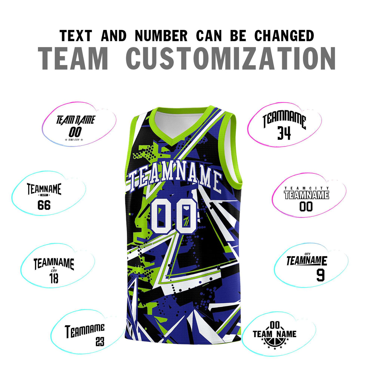 Custom Youth Basketball Jerseys Royal Neon Green Abstract Graffiti Urban Style Personalized Uniform