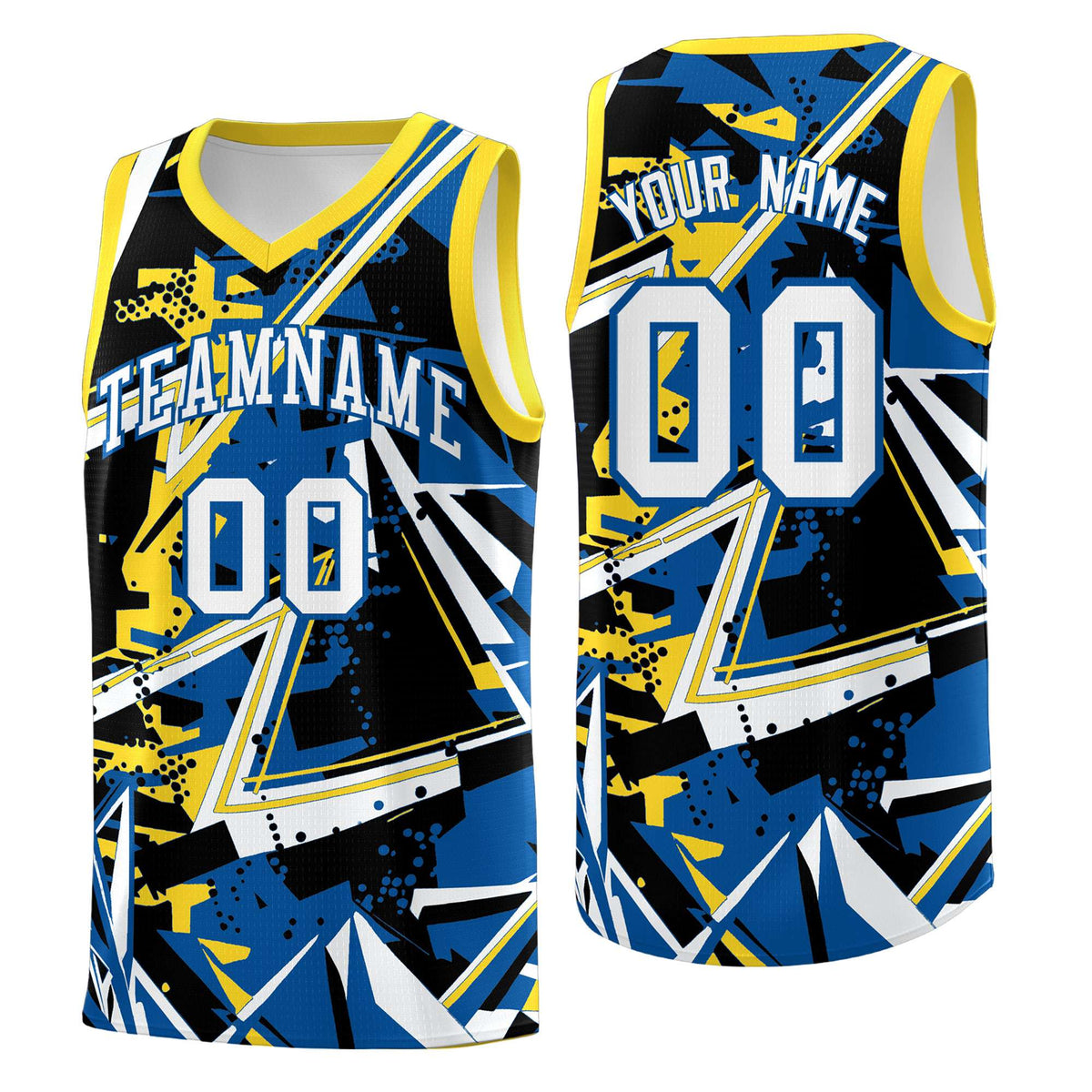 Custom Youth Basketball Jerseys Royal Gold Abstract Graffiti Personalized Team Name &amp; Number