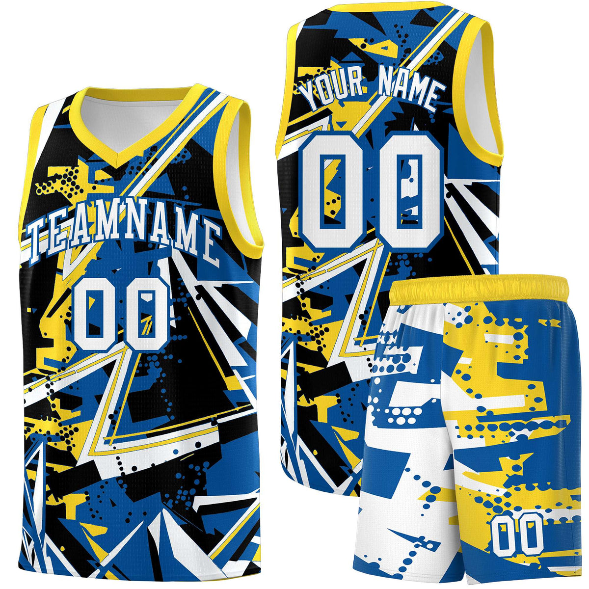 Custom Youth Basketball Jerseys Royal Gold Abstract Graffiti Personalized Team Name &amp; Number