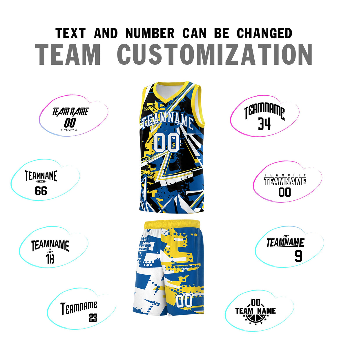 Custom Youth Basketball Jerseys Royal Gold Abstract Graffiti Personalized Team Name &amp; Number
