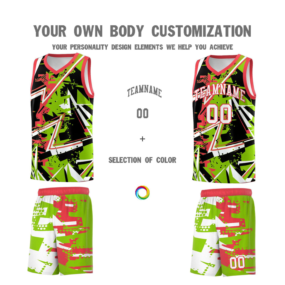Custom Youth Basketball Jerseys Neon Green Light Red Abstract Graffiti Personalized Street Style Uniform