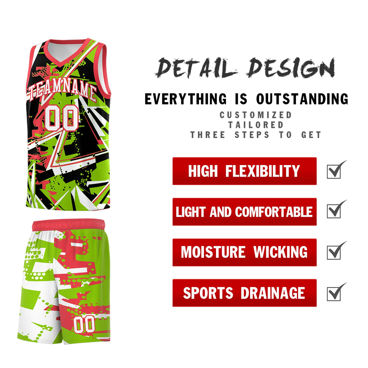 Custom Youth Basketball Jerseys Neon Green Light Red Abstract Graffiti Personalized Street Style Uniform