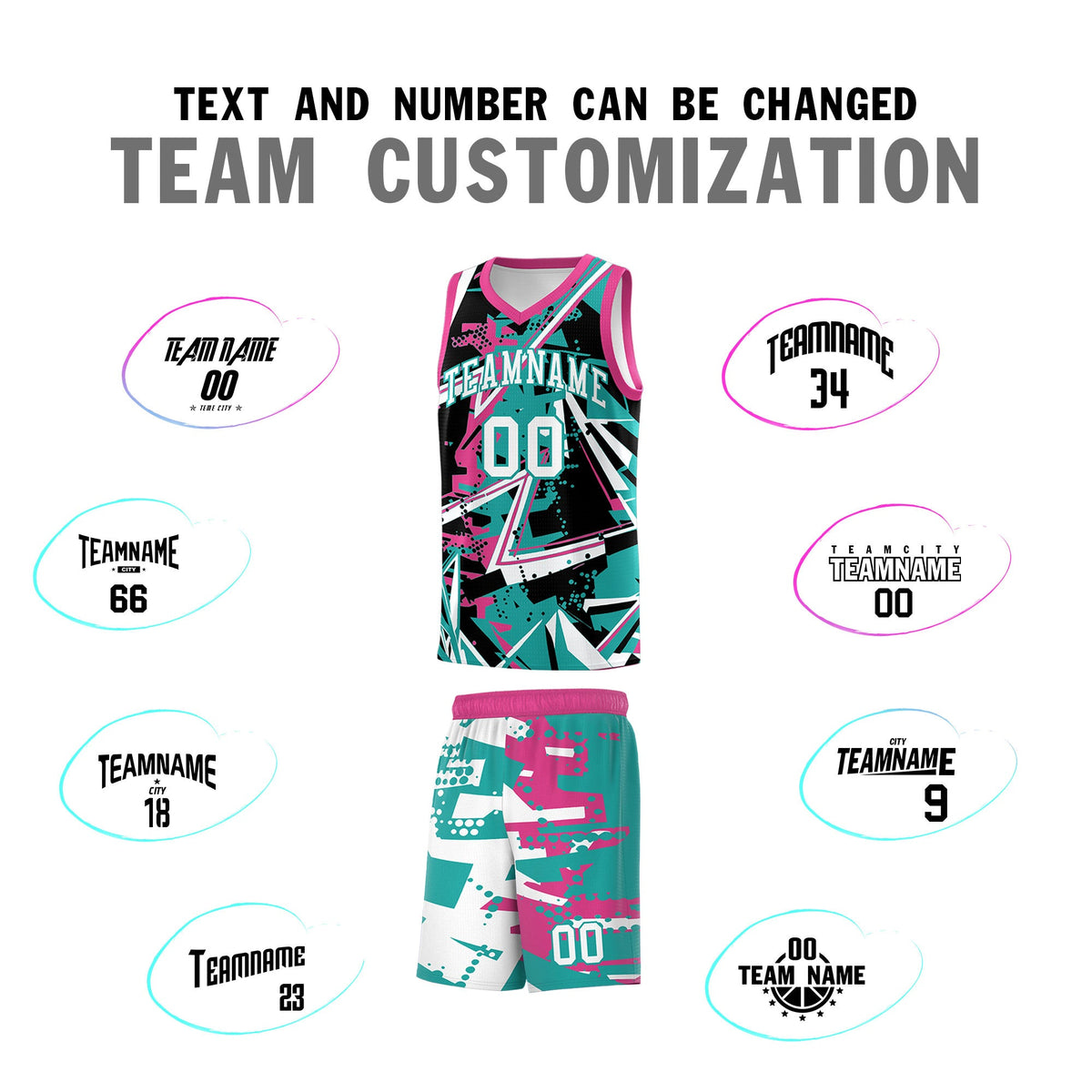 Custom Youth Basketball Jerseys Aqua Rose Red Abstract Graffiti Urban Style Personalized Uniform