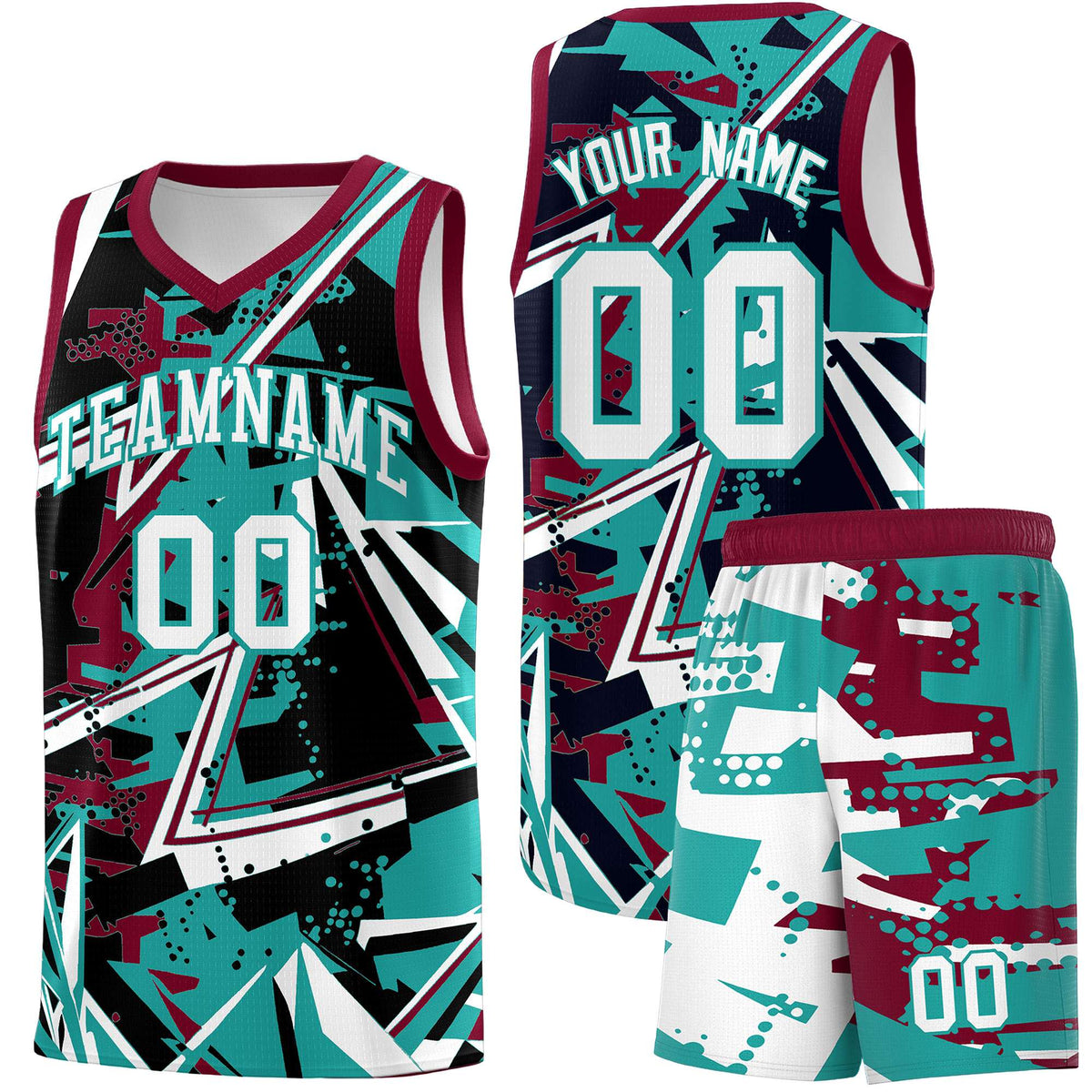 Custom Youth Basketball Jerseys Teal Crimson Abstract Graffiti Personalized Team Name &amp; Number