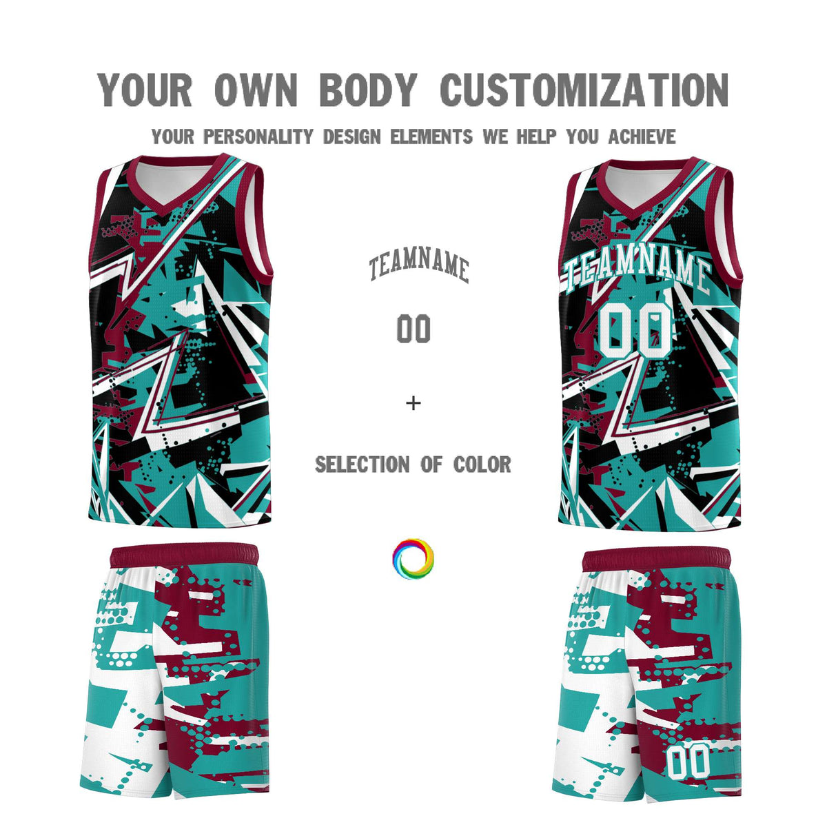 Custom Youth Basketball Jerseys Teal Crimson Abstract Graffiti Personalized Team Name &amp; Number