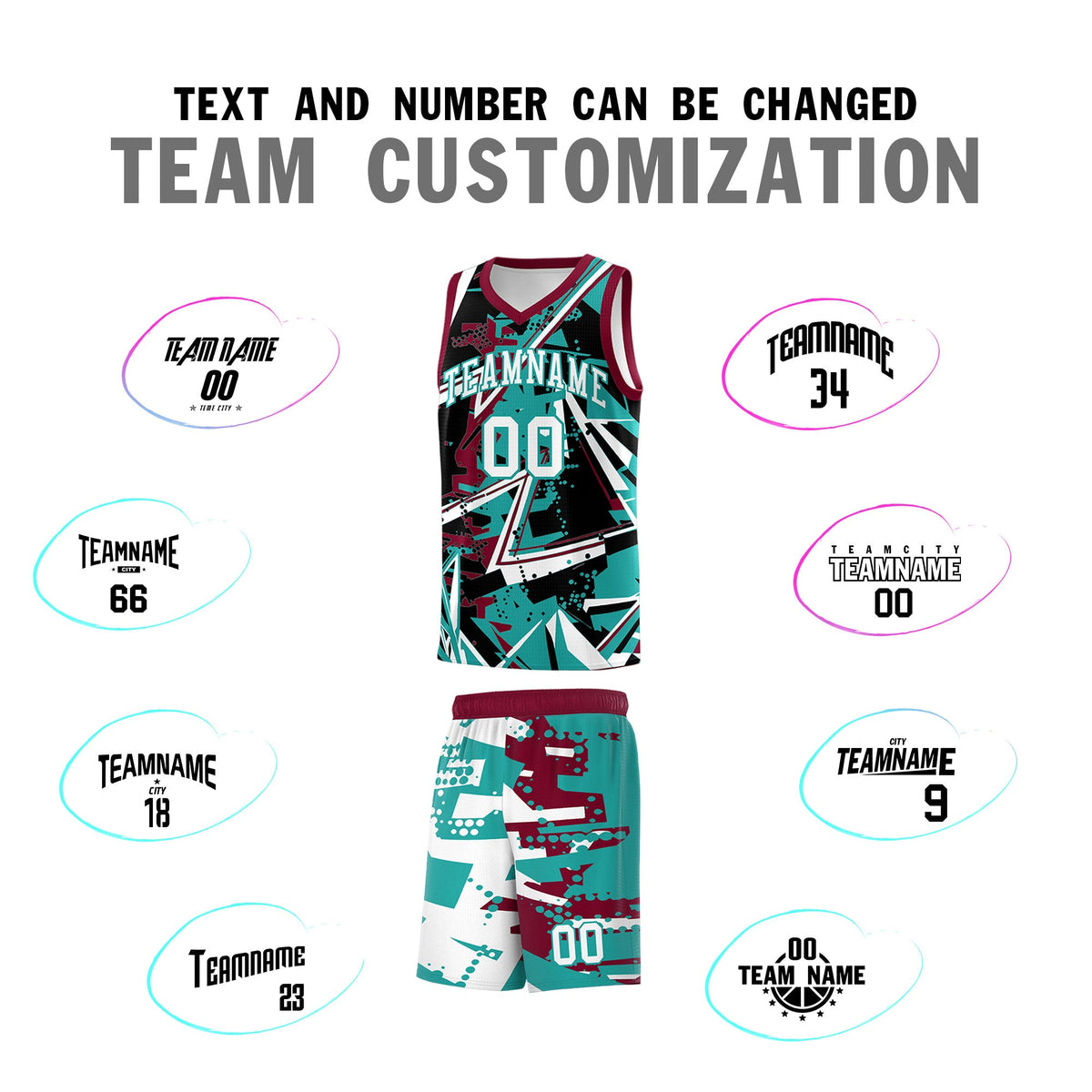 Custom Youth Basketball Jerseys Teal Crimson Abstract Graffiti Personalized Team Name &amp; Number