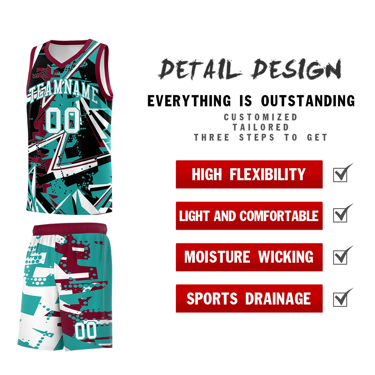 Custom Youth Basketball Jerseys Teal Crimson Abstract Graffiti Personalized Team Name &amp; Number