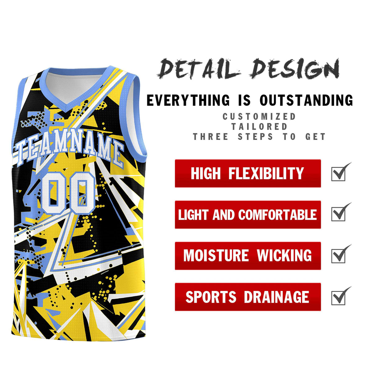 Custom Youth Basketball Jerseys Gold Light Blue Abstract Graffiti Urban Style Personalized Uniform