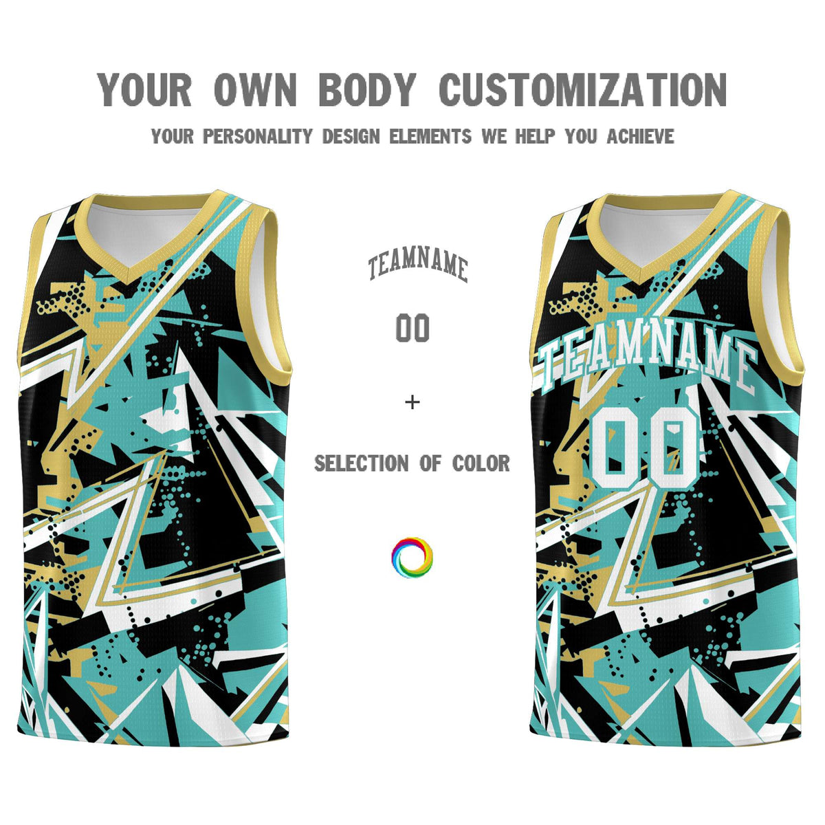 Custom Youth Basketball Jerseys Teal Old Gold Abstract Graffiti Personalized Street Style Uniform