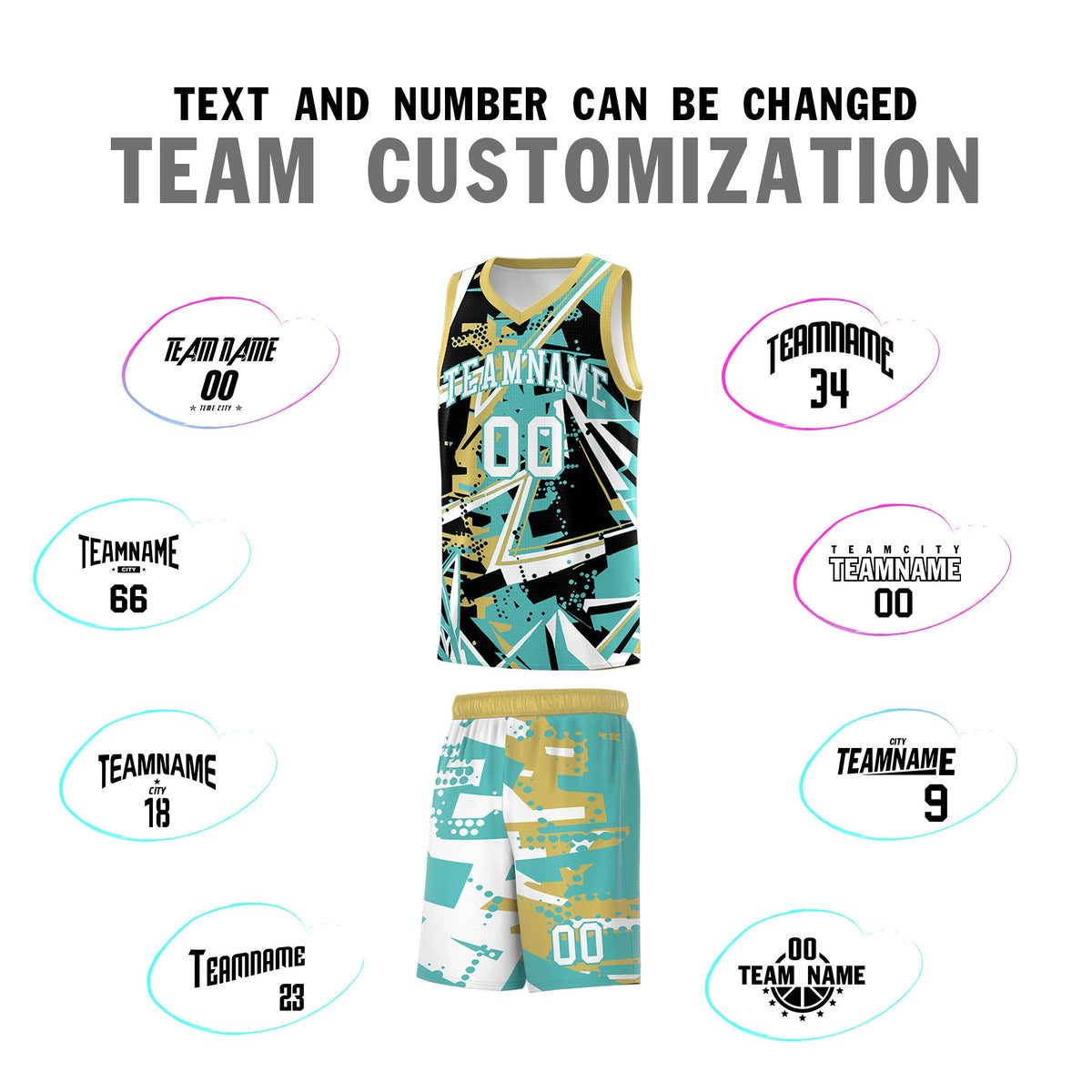 Custom Youth Basketball Jerseys Teal Old Gold Abstract Graffiti Personalized Street Style Uniform