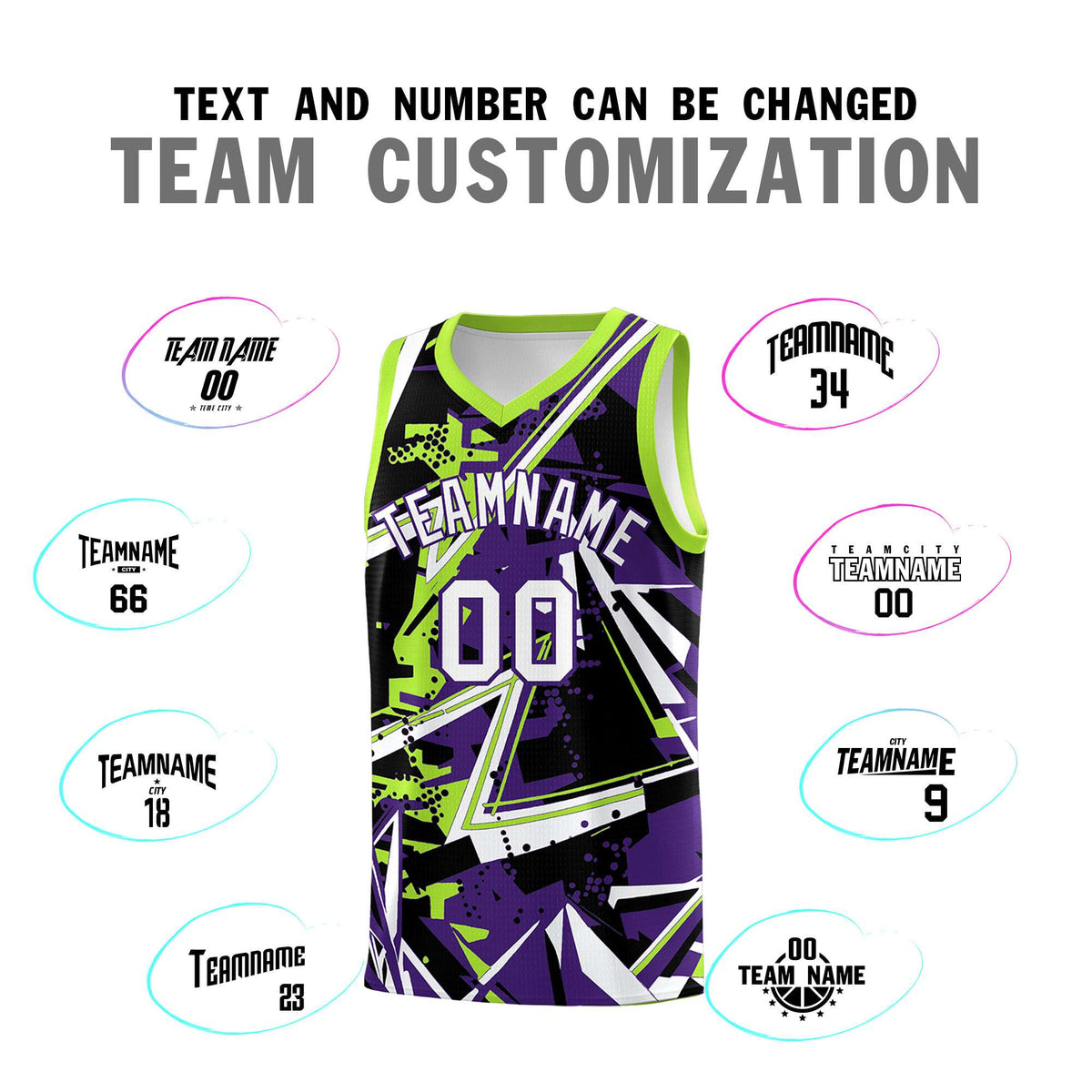 Custom Youth Basketball Jerseys Purple Neon Green Abstract Graffiti Personalized Team Name &amp; Number