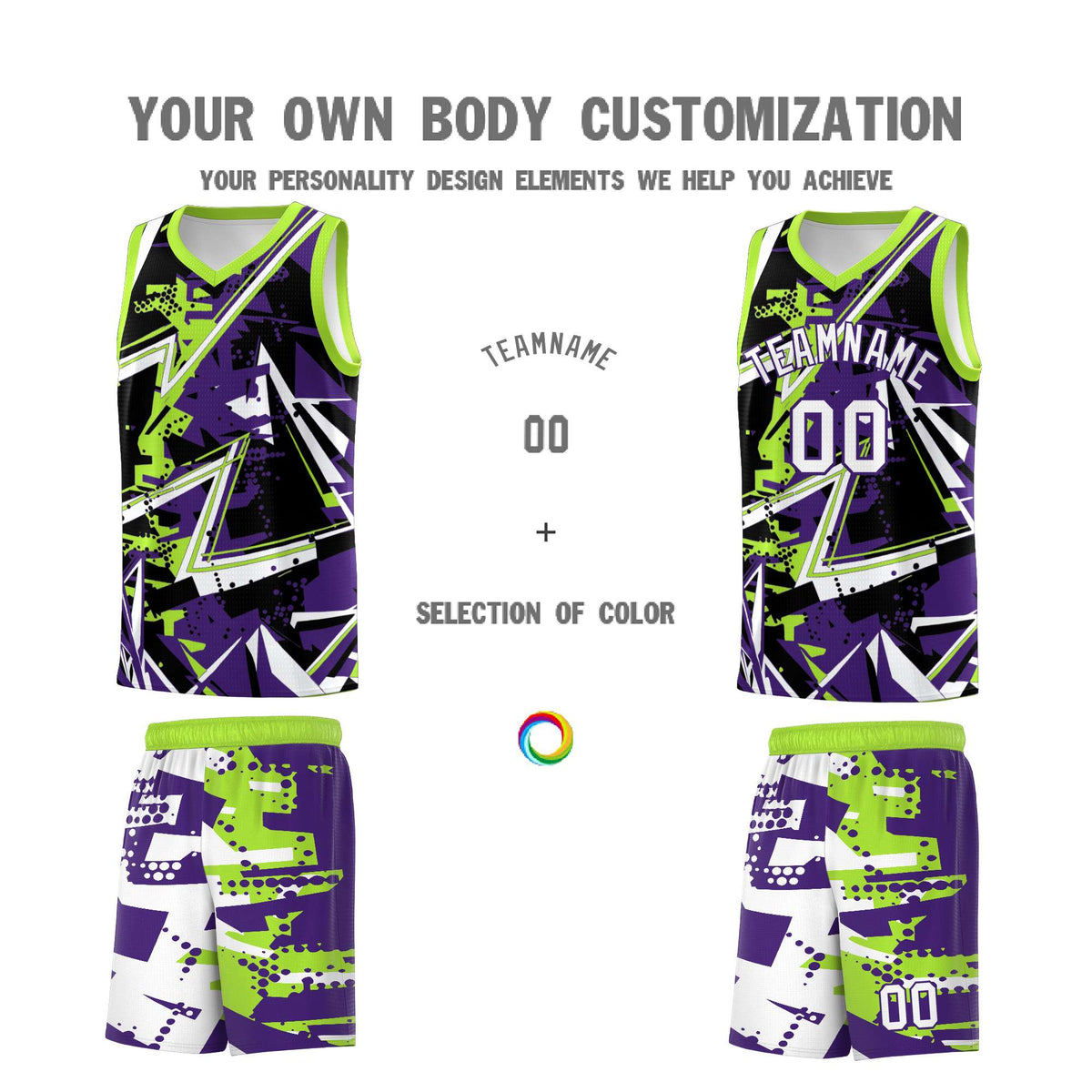 Custom Youth Basketball Jerseys Purple Neon Green Abstract Graffiti Personalized Team Name &amp; Number