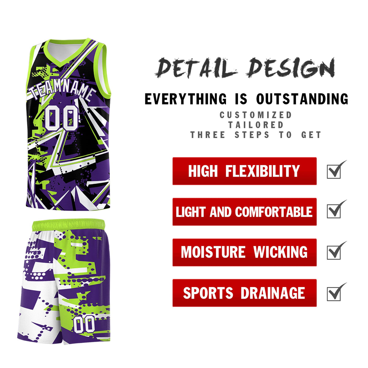 Custom Youth Basketball Jerseys Purple Neon Green Abstract Graffiti Personalized Team Name &amp; Number