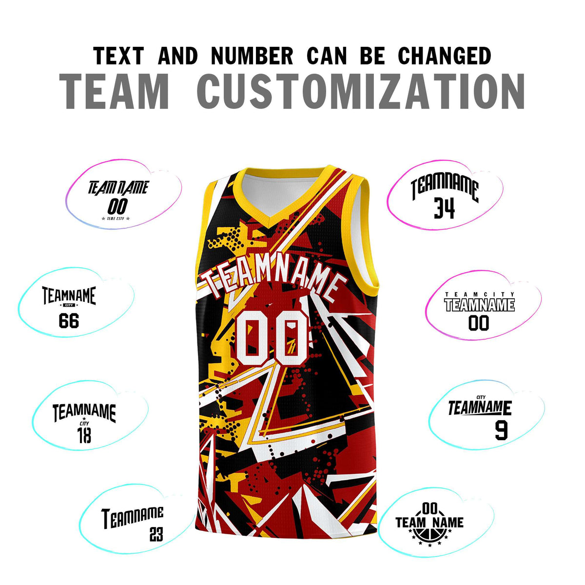 Custom Youth Basketball Jerseys Red Yellow Abstract Graffiti Personalized Street Style Uniform