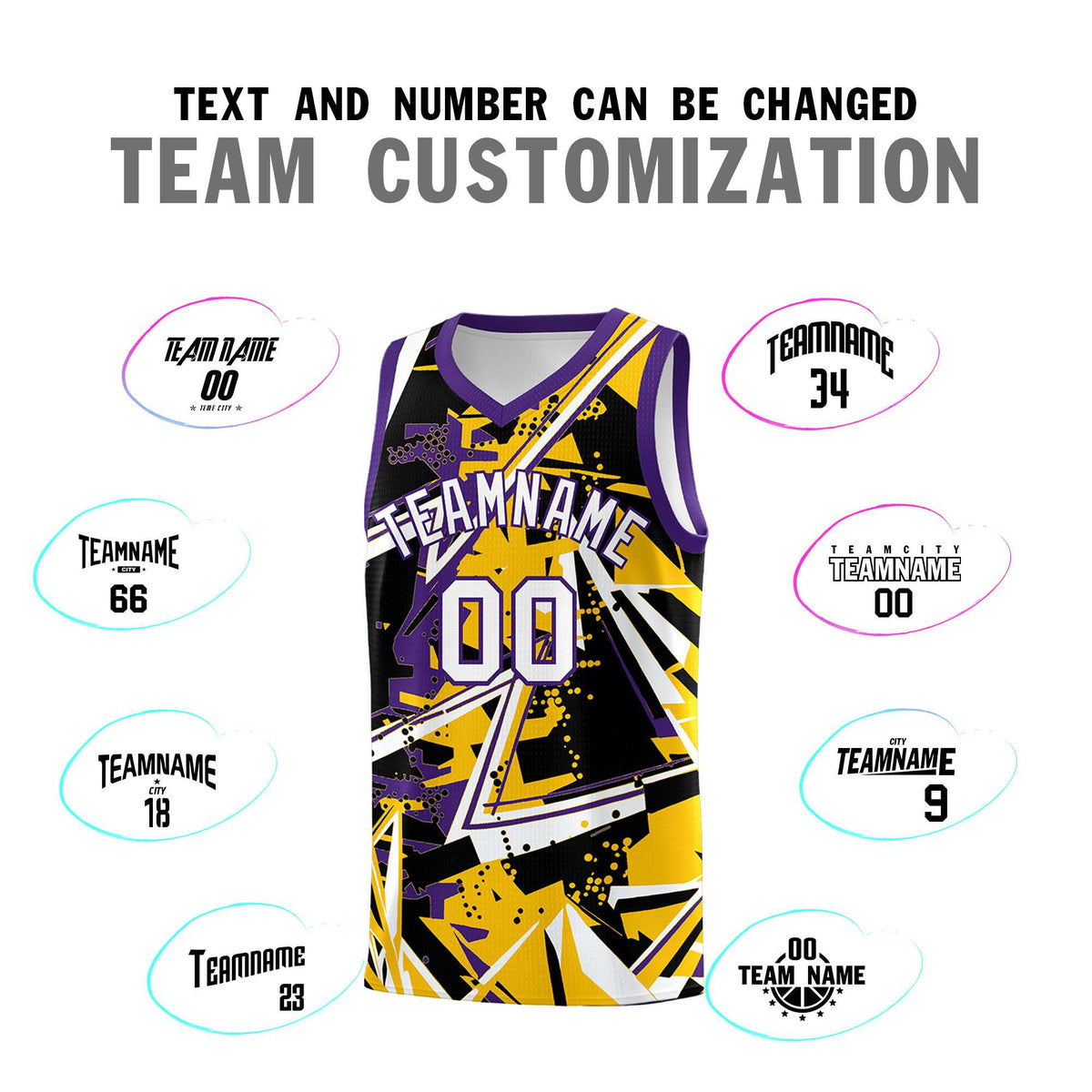 Custom Youth Basketball Jerseys Yellow Purple Abstract Graffiti Personalized Team Name &amp; Number