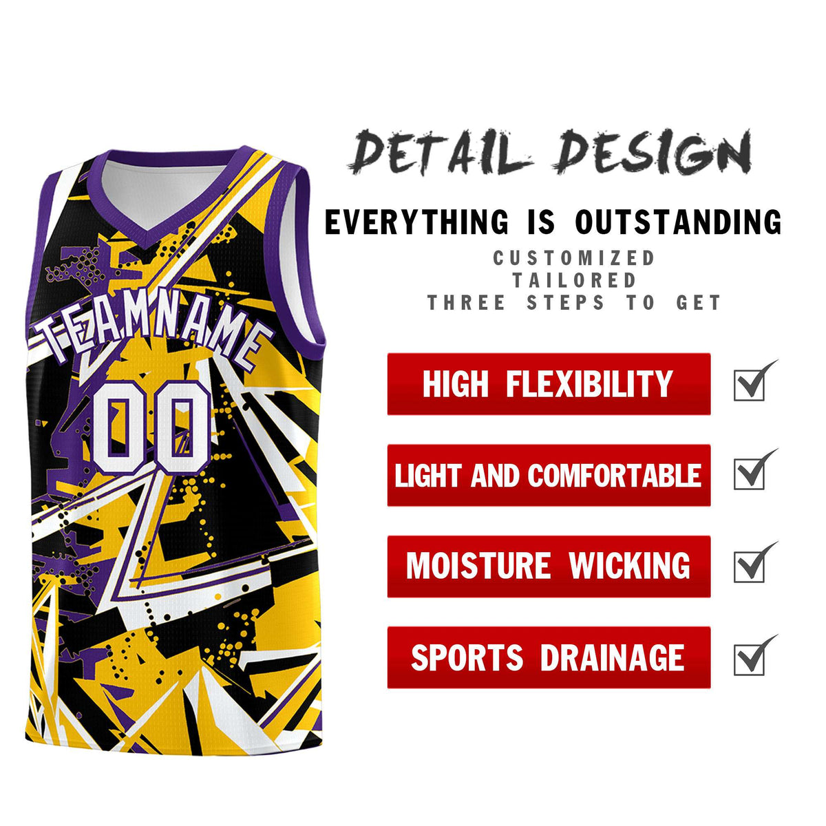 Custom Youth Basketball Jerseys Yellow Purple Abstract Graffiti Personalized Team Name &amp; Number