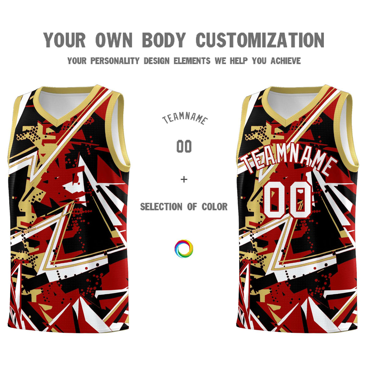 Custom Youth Basketball Jerseys Red Old Gold Abstract Graffiti Personalized Team Name &amp; Number