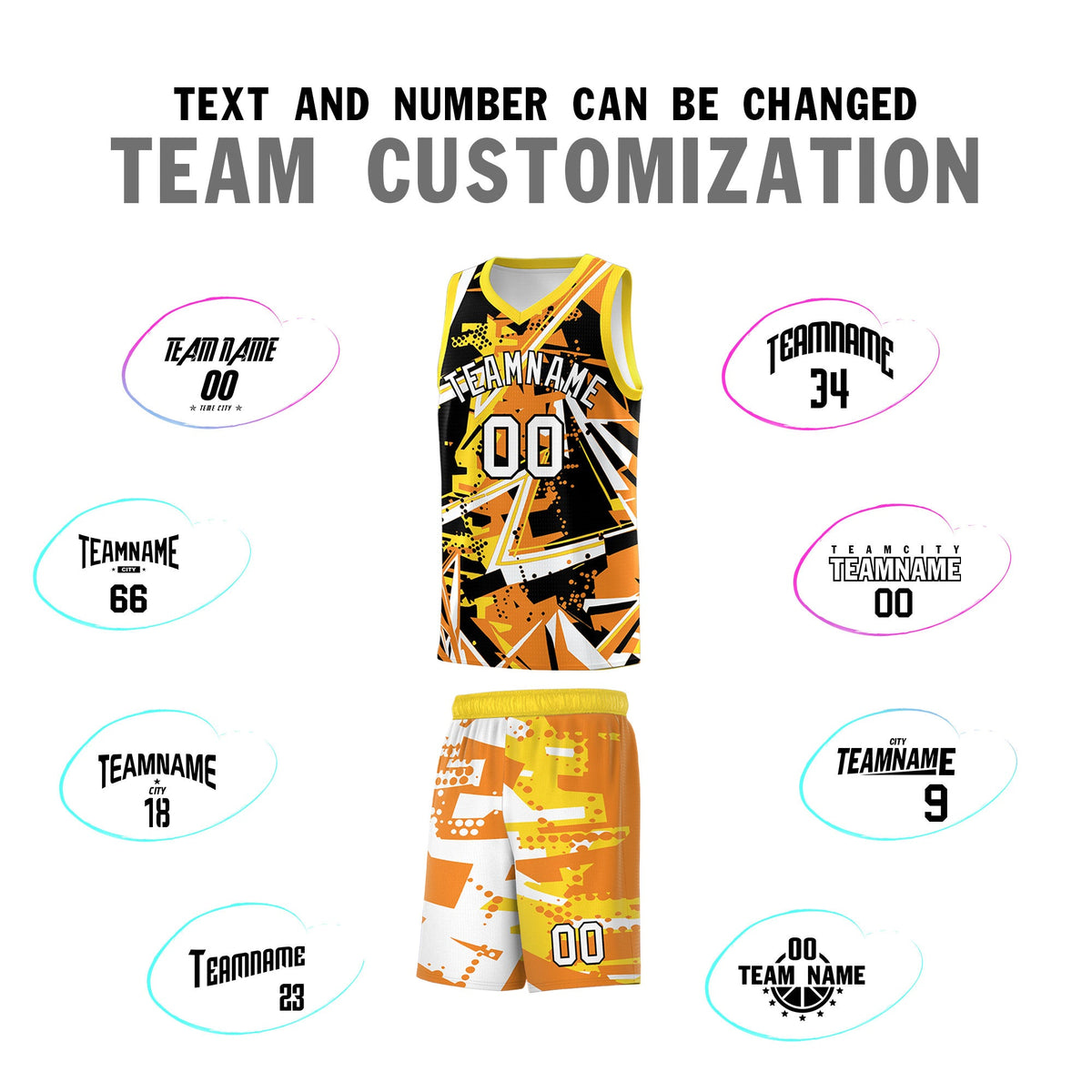 Custom Youth Basketball Jerseys Orange Gold Abstract Graffiti Personalized Street Style Uniform