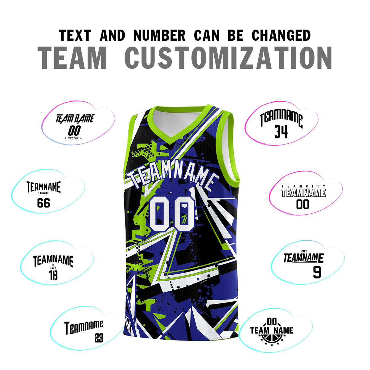Custom Youth Basketball Jerseys Royal Neon Green Abstract Graffiti Urban Style Personalized Uniform