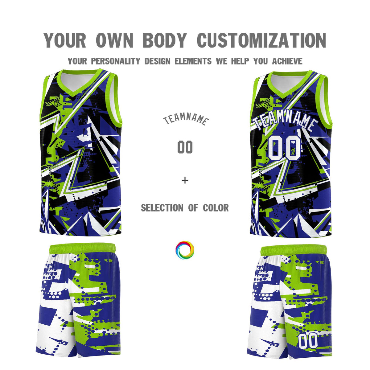 Custom Youth Basketball Jerseys Royal Neon Green Abstract Graffiti Urban Style Personalized Uniform