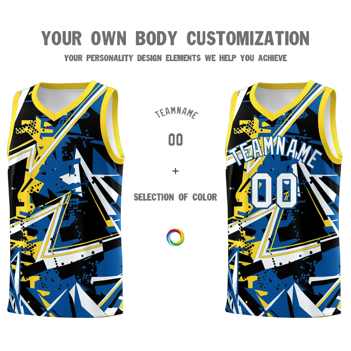 Custom Youth Basketball Jerseys Royal Gold Abstract Graffiti Personalized Team Name &amp; Number