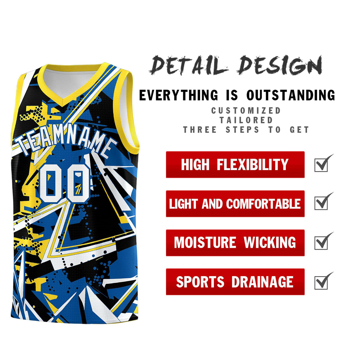 Custom Youth Basketball Jerseys Royal Gold Abstract Graffiti Personalized Team Name &amp; Number