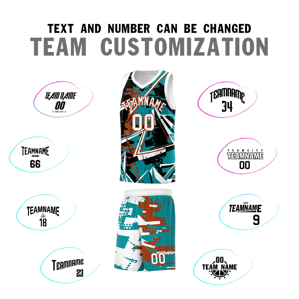 Custom Youth Basketball Jerseys Teal Dark Orange Abstract Graffiti Personalized Street Style Uniform