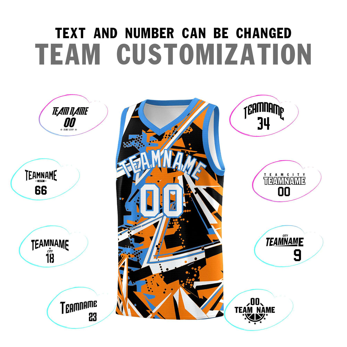 Custom Youth Basketball Jerseys Orange Light Blue Abstract Graffiti Personalized Street Style Uniform