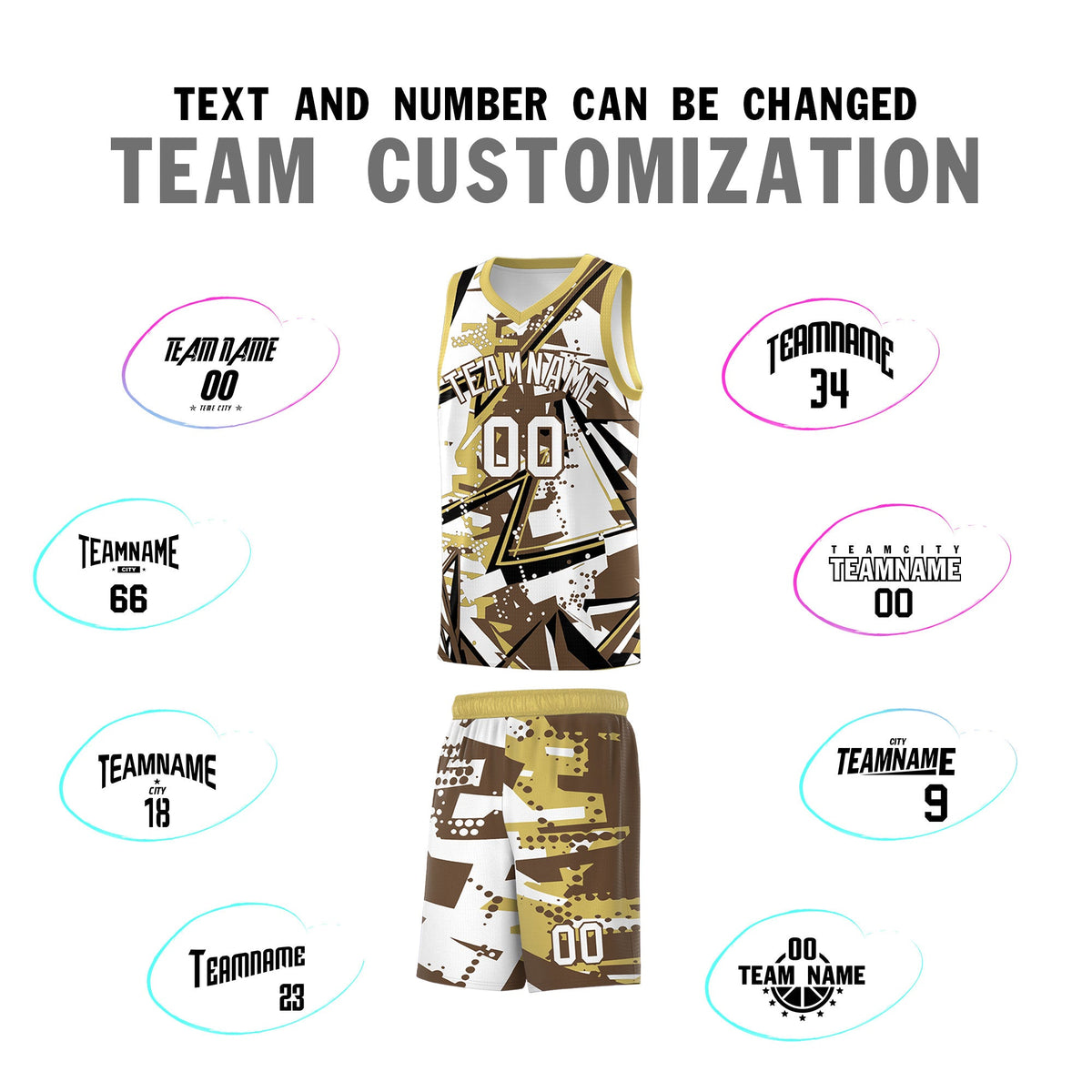 Custom Youth Basketball Jerseys Light Brown Old Gold Abstract Graffiti Personalized Team Name & Number
