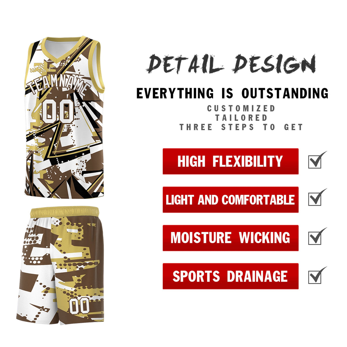Custom Youth Basketball Jerseys Light Brown Old Gold Abstract Graffiti Personalized Team Name & Number