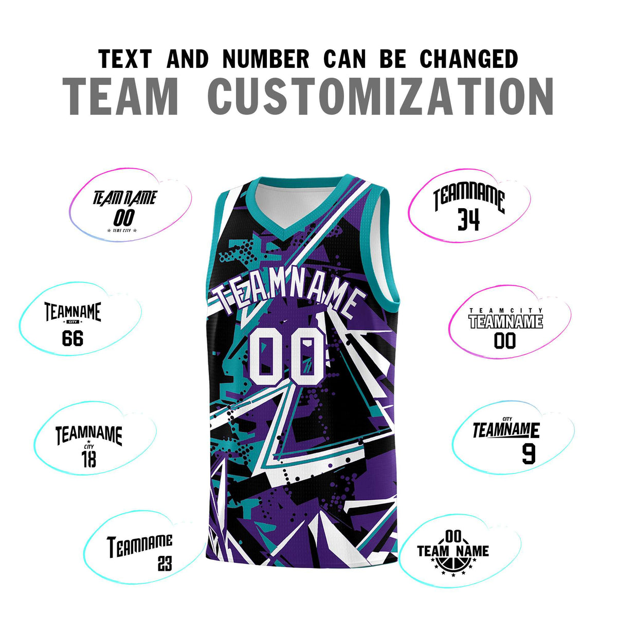Custom Youth Basketball Jerseys Purple Teal Abstract Graffiti Urban Style Personalized Uniform