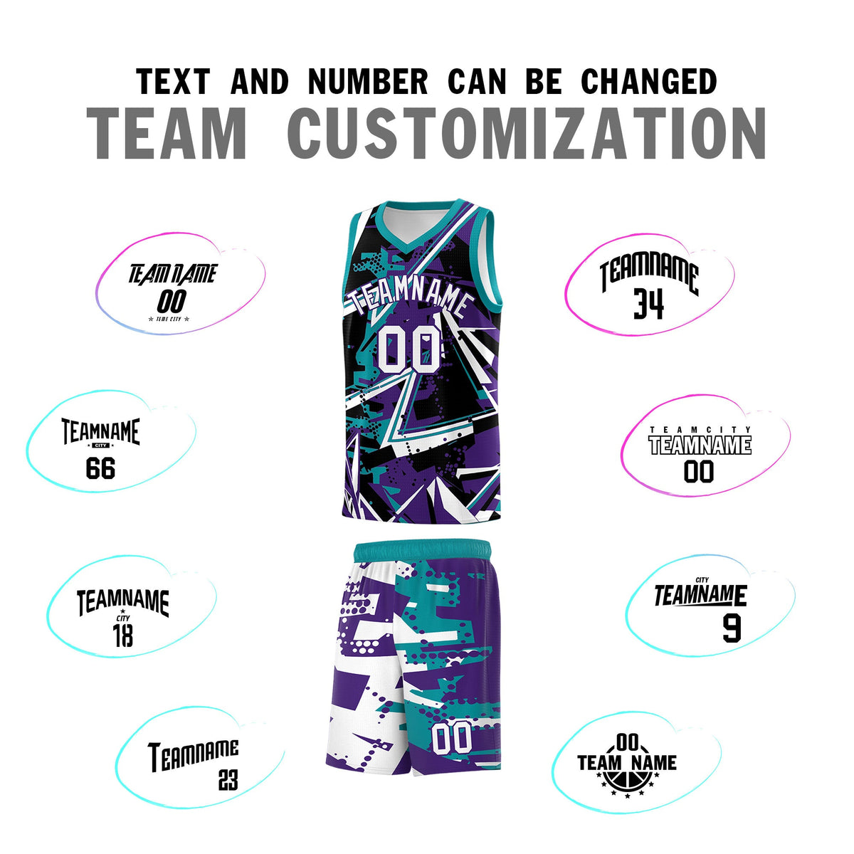 Custom Youth Basketball Jerseys Purple Teal Abstract Graffiti Urban Style Personalized Uniform