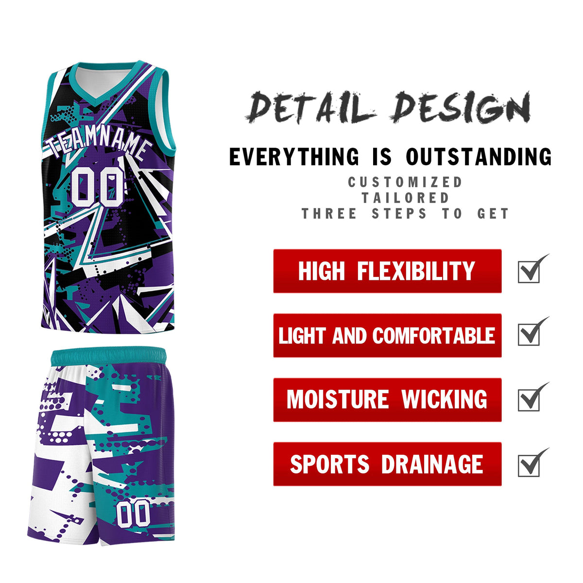 Custom Youth Basketball Jerseys Purple Teal Abstract Graffiti Urban Style Personalized Uniform